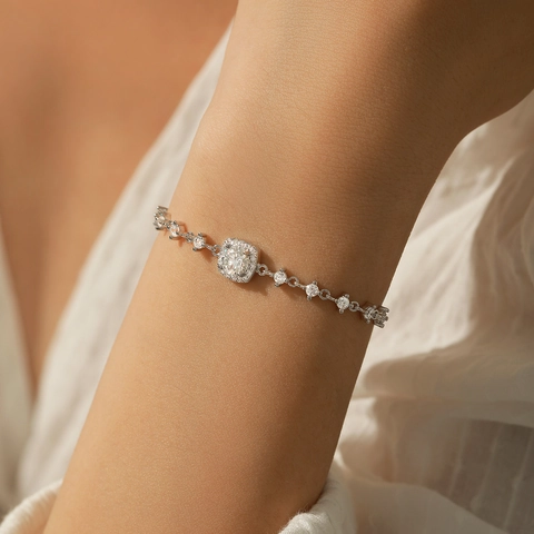 Moissanite Bracelet 925 Sterling Silver Square Halo Sparkling Geometric Jewelry Adjustable Chain For Women Gift
