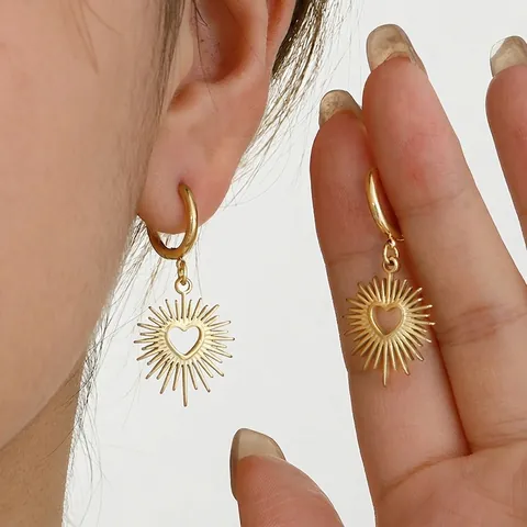 Pendientes Aro Corazón Rayos Sol Acero Inoxidable Chapado Oro Estilo Vintage Francés Joyería Bohemia