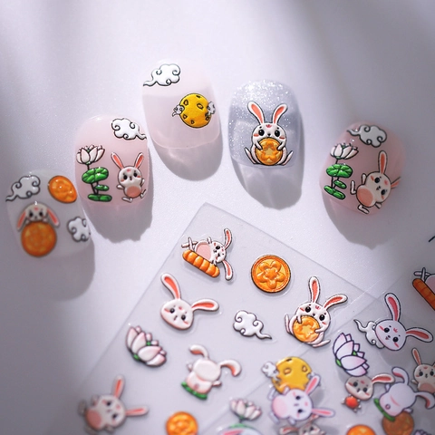 5D Embossed Nail Art Stickers Self Adhesive Cartoon Rabbit Butterfly Pattern Thin Textured Manicure Decorations