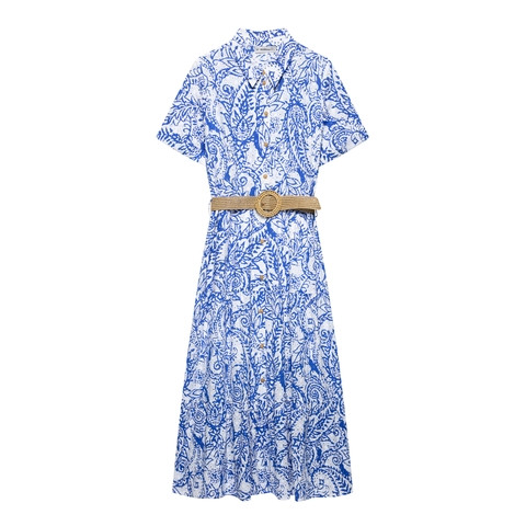Women's Blue Paisley Print Short Sleeve Shirt Dress With Woven Straw Belt Tiered Eyelet Embroidery Summer Vacation Maxi Dress