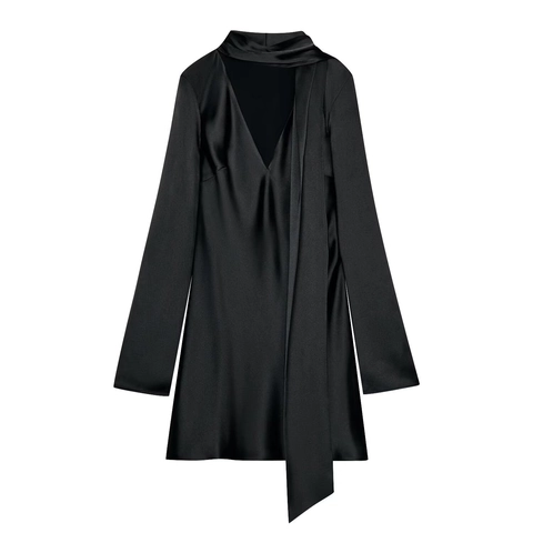 Satin Schalkragen Schleife V-Ausschnitt Kleid Langen Glockenärmeln Slim Fit Mini Party Elegant Damen