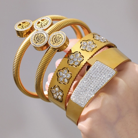 Women Stainless Steel Bangle Zircon Inlaid Geometric Tree Of Life Flower Design 18K Gold Plated Luxury Fashion Jewelry