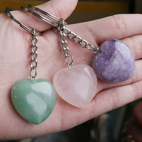 Heart Shaped Natural Stone Keychain Polished Crystal Agate Quartz Healing Stone Key Ring Accessories