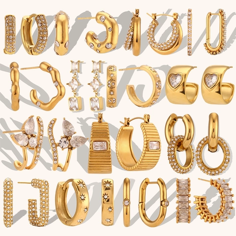 Stainless Steel Hoop Earrings Gold Plated Tarnish Free Jewelry Necklaces Rings Zircon Inlaid Vintage Geometric For Women