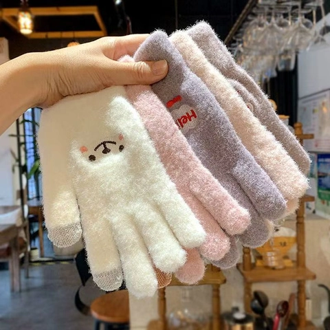 Women Winter Warm Knitted Gloves Thickened Plush Lining Cute Cartoon Bear Embroidery Touchscreen Soft Outdoor Cycling Mittens