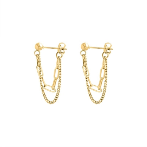 Stainless Steel Double Layer Chain Tassel Stud Earrings For Women Retro Geometric Minimalist Ball Earrings