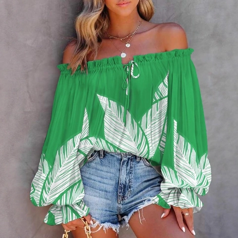 Women Off Shoulder Blouse Polyester Long Flare Sleeve Tie-up Drawstring Bohemian Paisley Print Casual Vacation Shirt Top
