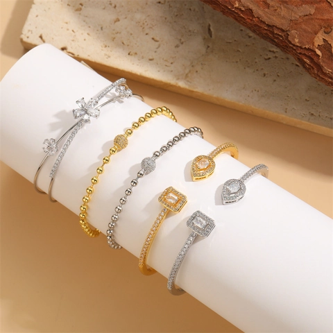 Copper Zircon Open Cuff Bracelet For Women Geometric Water Drop Square Flower Elegant Light Luxury Jewelry