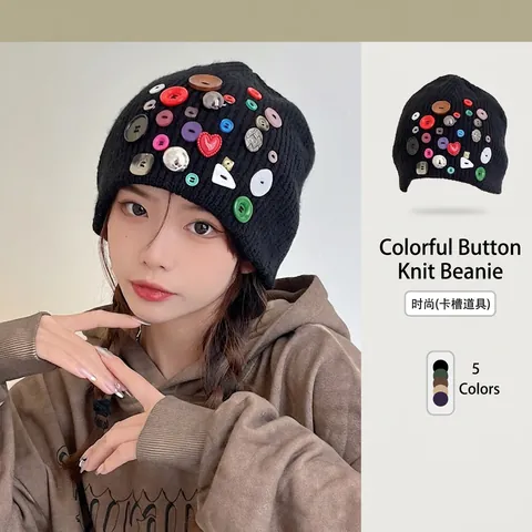 Knitted Beanie Hat With Multi-Color Buttons Acrylic Warm Winter Slouchy Style Fashion Cap For Women