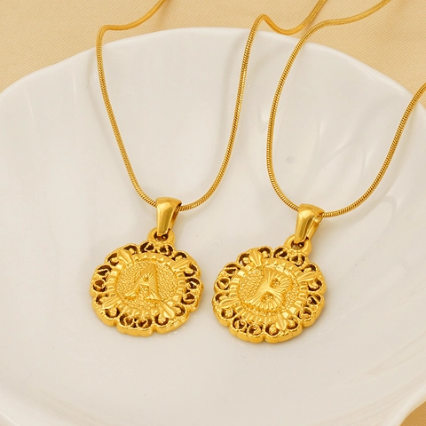 Retro Hollow Round Initial Alphabet Pendant Necklace 18K Gold Plated Stainless Steel Snake Chain For Women