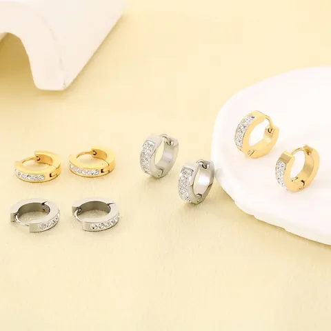 Stainless Steel Huggie Hoop Earrings Zircon Inlaid Round Small Hypoallergenic Minimalist Chic Jewelry For Women