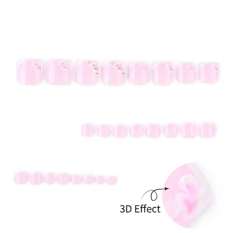 Kunstnagels Voor Voeten French Tip Roze Wit Met 3D Bloem Kunstparel Gouden Micro-kralen Elegante Zoete Stijl Dames
