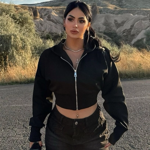 Women Cropped Zip Up Hoodie Long Sleeve Solid Slim Fit Streetwear Casual Sweatshirt Ribbed Trim Polyester Jacket