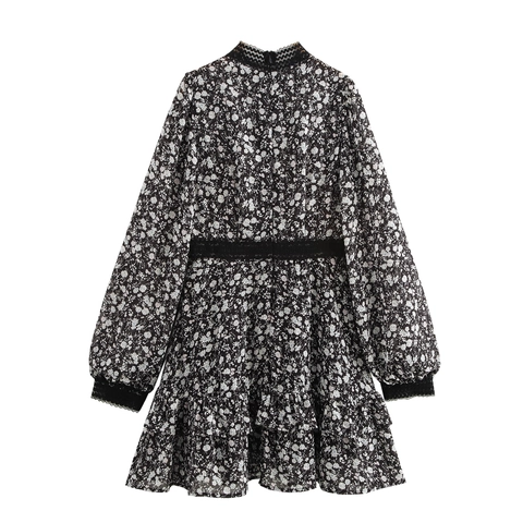 Geblümtes Chiffon Minikleid Mit Spitzenbesatz Halbhohem Ausschnitt Langen Ärmeln Rüschensaum Vintage Französischer Stil Elegant