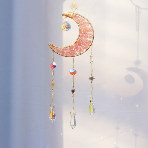 Crystal Suncatcher Moon Wind Chimes Natural Stone Metal Hanging Ornament Garden Window Boho Rainbow Prism Ball Decor