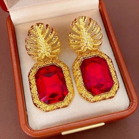 Vintage Barock Ohrhänger Legierung Monstera Blatt Roter Rechteckiger Strass Mit Silver Earring Post Für Damen