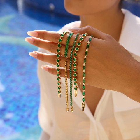 Vintage Green Zircon Tennis Bracelet 18K Gold Plated Stainless Steel Waterproof Hypoallergenic Square Heart Luxury Jewelry Women