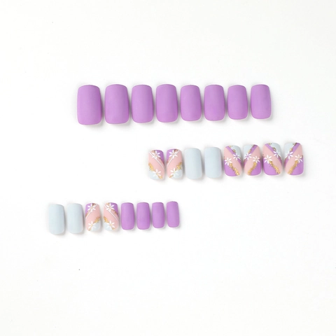 Purple Blue Press On Nails French Tip White Flower Gold Foil Square Shape Gradient Sweet Style Manicure For Women