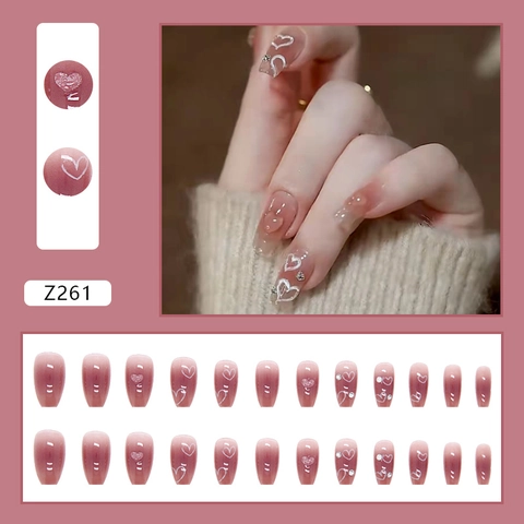 Uñas Postizas A Presión Degradado Púrpura Ahumado Malva Patrón Corazón Con Pedrería Forma Larga Ataúd Ballet Uñas Brillantes