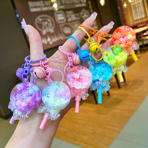 Cute Acrylic Lollipop Quicksand Keychain With Colorful Beads Bell And Bowknot For Kids Women Bag Pendant Creative Gift