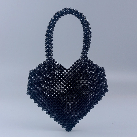 Women Heart Shaped Beaded Handbag Hand Woven Acrylic Artificial Pearl Silver Color Beads Retro Elegant Party Evening Tote Bag