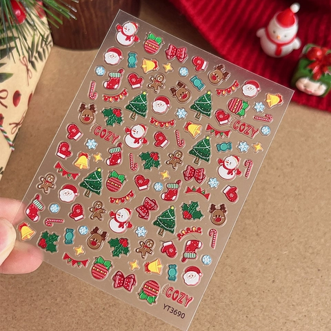 Stickers Ongles Noël 3D Relief Gaufré Auto Adhésifs Père Noël Bonhomme Neige Renne Sapin Pour Femmes Filles