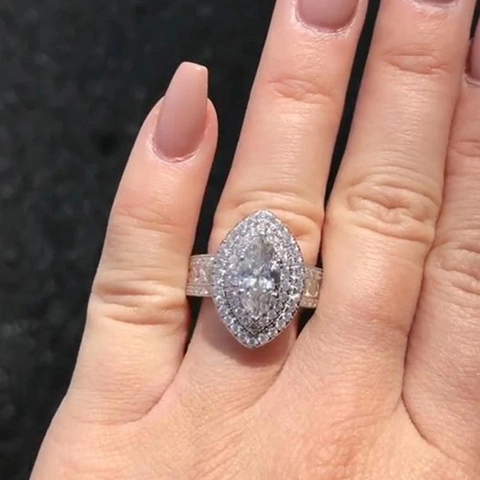 Marquise Cut Cubic Zirconia Double Halo Ring Copper Base Micro Pave Prom Party Jewelry For Women