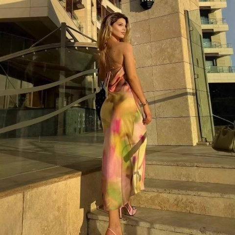 Sexy Dames Satijnen Maxi Jurk Watervalhals Rugloos Tie Dye Gradiënt Elegant Mouwloos Spaghettibandjes