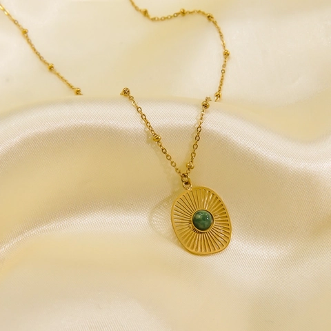 Sunburst Pendant Necklace Stainless Steel Hollow Oval Radiating Natural Stone Satellite Chain Jewelry For Women