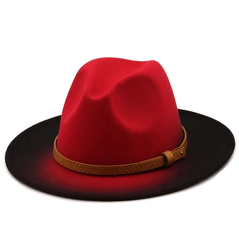 Wide Brim Fedora Hat Gradient Bi-Color Wool Felt Jazz Hat Vintage British Style With Leather Band For Men And Women