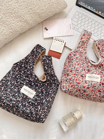 Handtasche Mit Blumenmuster Und Sherpa-Futter Kleine Tragbare Tragetasche Für Damen Vintage Japanischer Stil