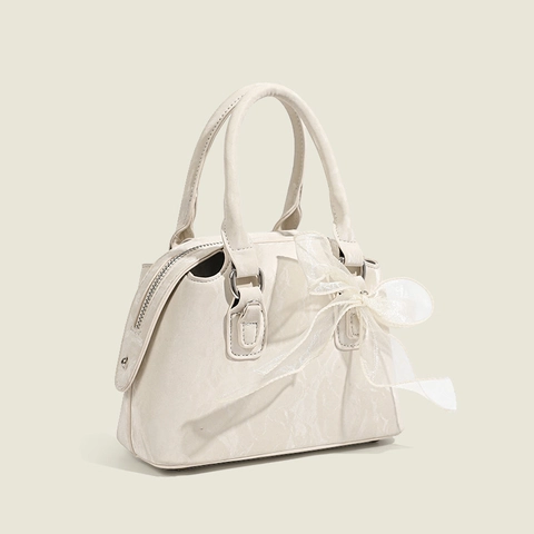 Women Handbag PU Leather Ribbon Bow Decoration Crossbody Shoulder Shell Bag Trendy Small Solid Color For Daily Match