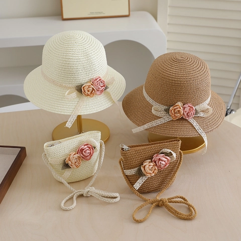 Kids Straw Hat And Crossbody Bag Summer Sun Protection Breathable Floral Lace Bow Beach Headwear Purse For Girls