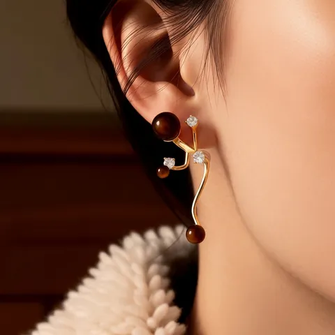Orecchini Curvi Geometrici Retro Con Pietra Occhio Di Tigre Perla Artificial Zircone Rame E Perno In Argento Per Donna Design Di Nicchia
