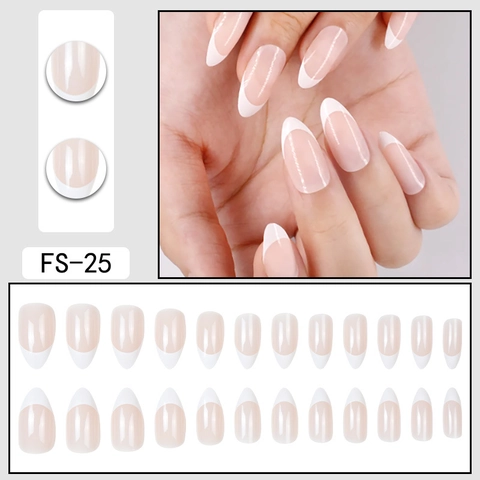 Uñas Postizas Francesas Forma Almendra Rosa Nude Borde Blanco Brillante Manicura Para Mujeres