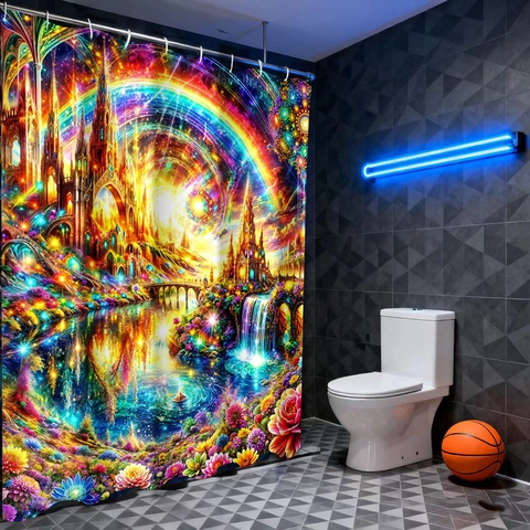Shower Curtain Waterproof Polyester Fabric Fantasy Dreamy Castle Waterfall Rainbow Galaxy Landscape Bathroom Decor Hooks