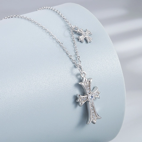 Collana Con Pendente a Croce in Argento Sterling 925 per Donna Gioielli Vintage a Doppia Croce con Strass Placcati Oro Platino