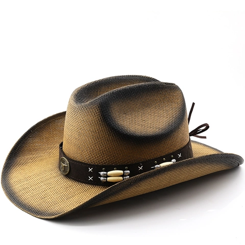 Western Cowboy Hut Geflochtenes Papierstroh Breite Krempe Sonnenschutz Mit Stierkopf Emblem Und Perlen Deko Band Vintage