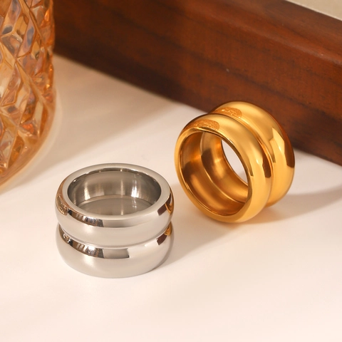 Double Layer Broad Surface Ring 18K Gold Plated Stainless Steel High Polished Minimalist Ins Style Jewelry For Women