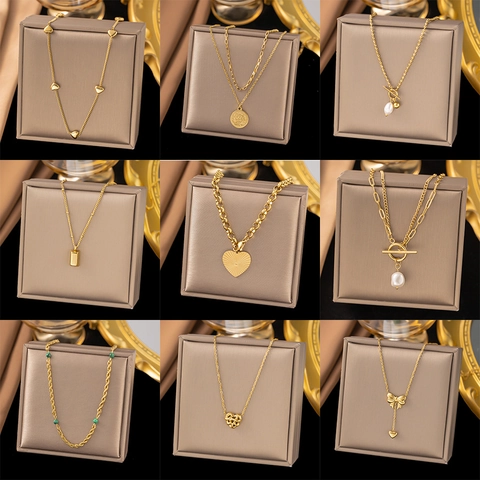 Edelstahl Anhänger Halskette Für Damen Vergoldet Herz Künstliche Perle Schmetterling Gliederkette Mode Schmuck Halsketten
