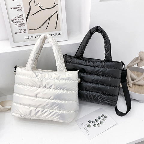 Women Quilted Puffer Shoulder Bag Nylon Padded Tote Handbag Large Capacity Crossbody Casual Fashion Solid Color