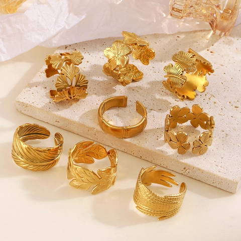 Anelli Aperti In Acciaio Inossidabile Per Donna Placcato Oro 18K Regolabile Foglia Fiore Piuma Bamboo Gioielli Moda Retro