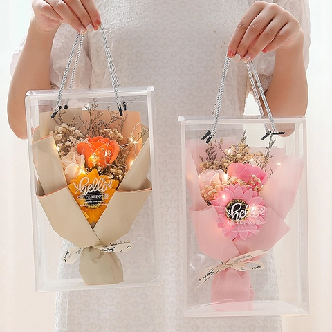 Soap Flower Bouquet With LED Lights Artificial Rose Sunflower Dried Gypsophila In Transparent Gift Bag For Mothers Day