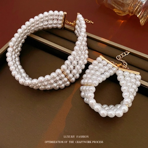 Multi-Row White Imitation Artificial Pearl Jewelry For Women Elegant French Retro Alloy Choker Necklace And Bracelet Luxury