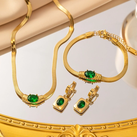 Collana Francese Retrò in Acciaio Inossidabile Con Strass Verde Smeraldo Oro Placcato Catena a Spina di Pesce Gioielli Eleganti per Donna