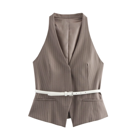Top Gilet Dos Nu Femme Rayé Col En V Ceinturé Boutonnage Simple Gilet Style Intellectuel Sans Manches Coupe Ajustée Polyester