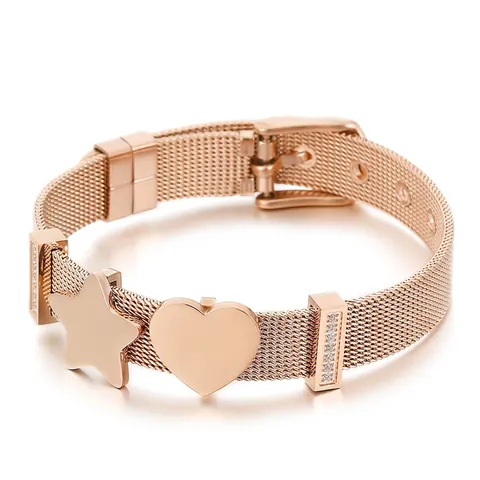 Netz Armband Im Uhrenstil Roségold Vergoldet Edelstahl Zirkonia Herz Krone Anhänger Verstellbar Schmuck Für Damen