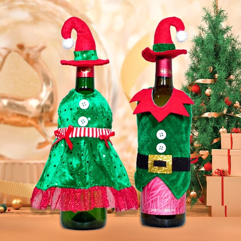Fundas Botella Vino Navidad Vestido Elfo Sombrero Lentejuelas Terciopelo Tela No Tejida Decoración Mesa Fiesta