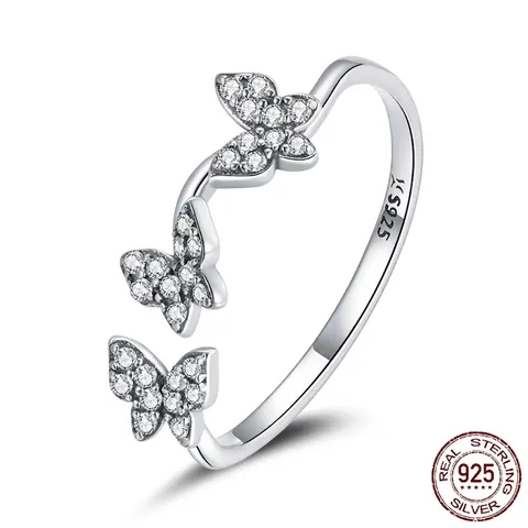 925 Sterling Silver Butterfly Zirconia Open Ring For Women Adjustable Finger Ring Elegant Wedding Party Jewelry Gift