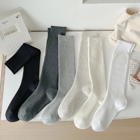 Women Cotton Ribbed Knit Calf High Socks Solid Color Slouchy Knee High JK Style Breathable Casual
